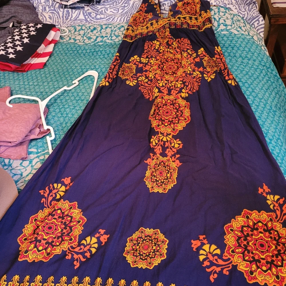 Navy Blue Maxi Dress with Orange Medallion Print, Angie, L - Picture 5 of 10